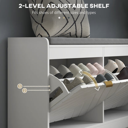 Close up of the shoe storage bench showing the adjustable internal shelf levels for footwear