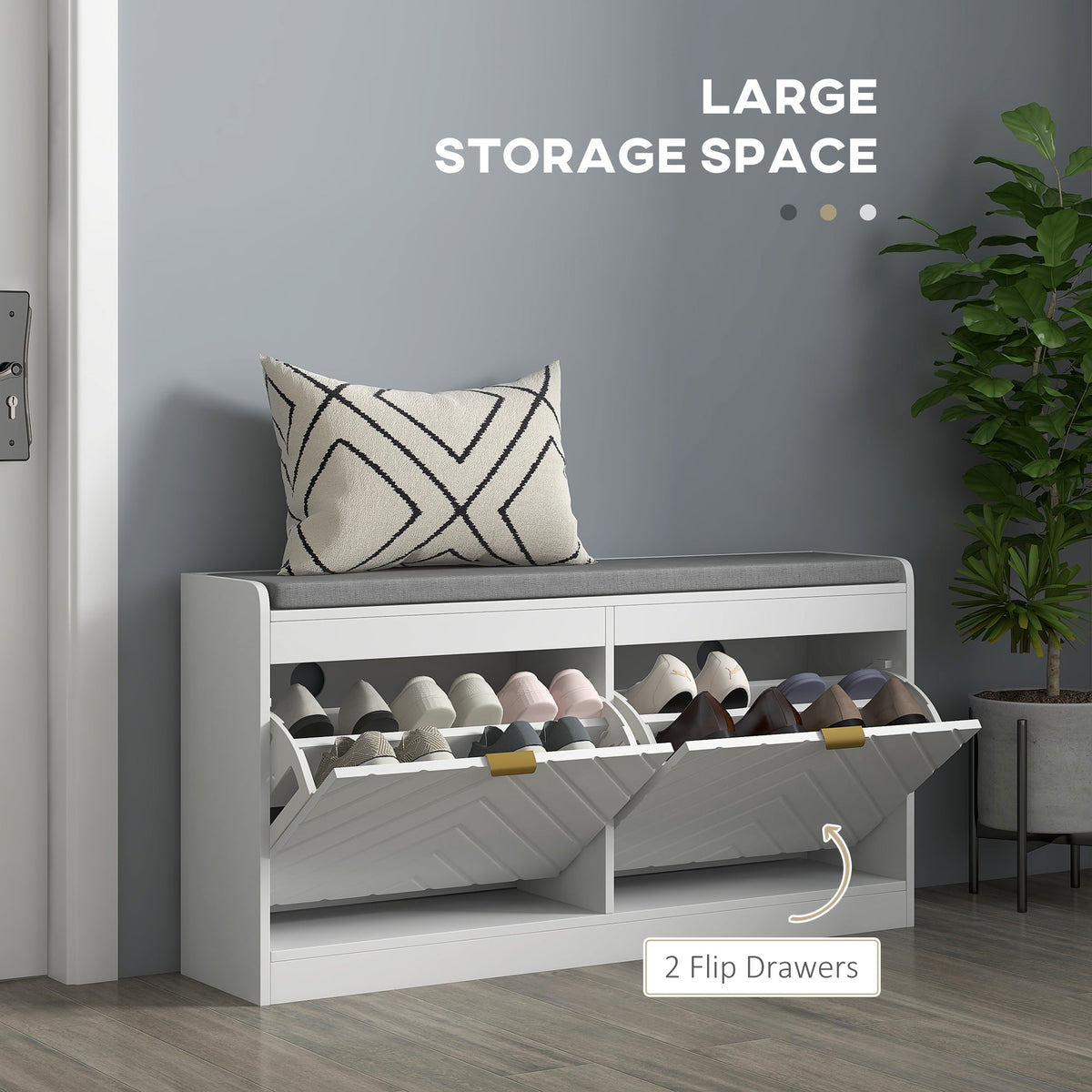 The shoe storage bench with drawers open and filled with various pairs of shoes in a hallway