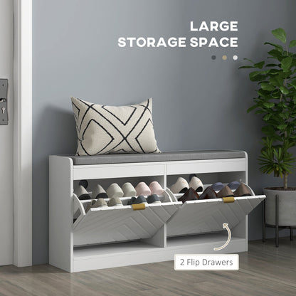 The shoe storage bench with drawers open and filled with various pairs of shoes in a hallway