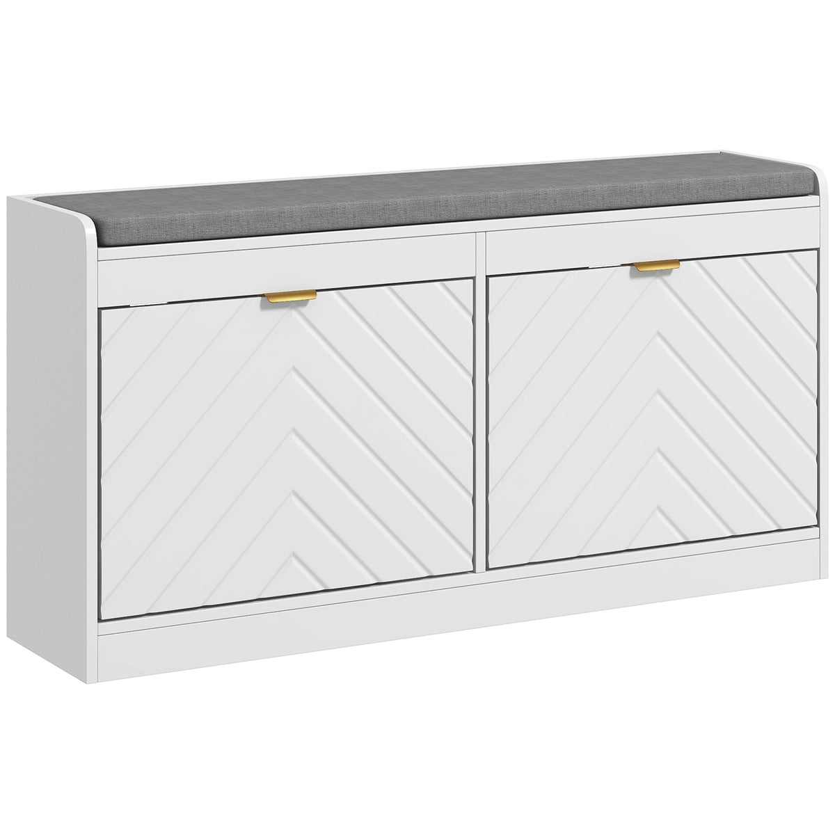 HOMCOM Shoe Storage with Seat featuring a grey upholstered cushion and two white chevron front drawers