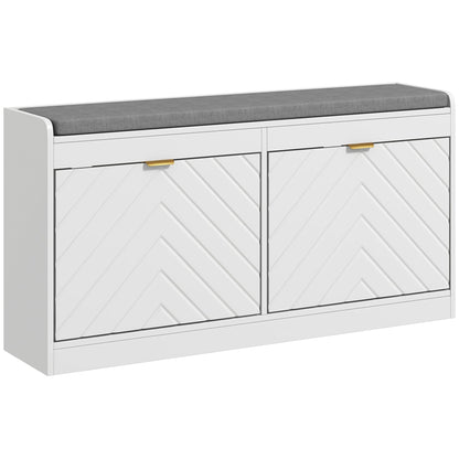 HOMCOM Shoe Storage with Seat featuring a grey upholstered cushion and two white chevron front drawers