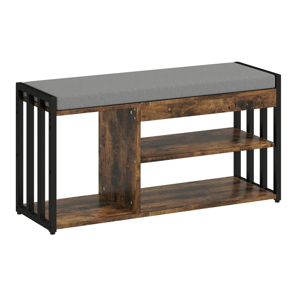 HOMCOM Shoe Storage with Seat, a rustic brown shoe bench with a grey upholstered seat and three open shelves