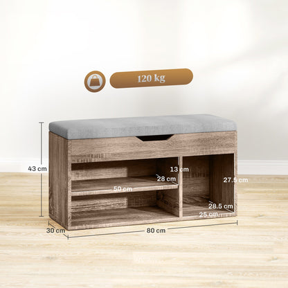 The grey wood grain shoe storage bench with dimensions and weight capacity shown