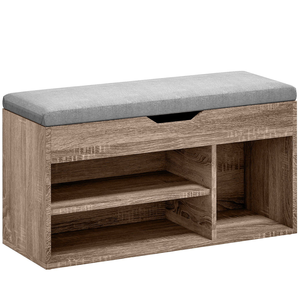 HOMCOM Shoes Cabinet Bench with grey padded seat and wood grain effect storage compartments