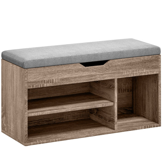 HOMCOM Shoes Cabinet Bench with grey padded seat and wood grain effect storage compartments