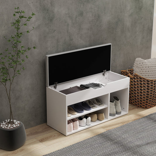 The shoe storage bench with its lid open, showing shoes stored inside