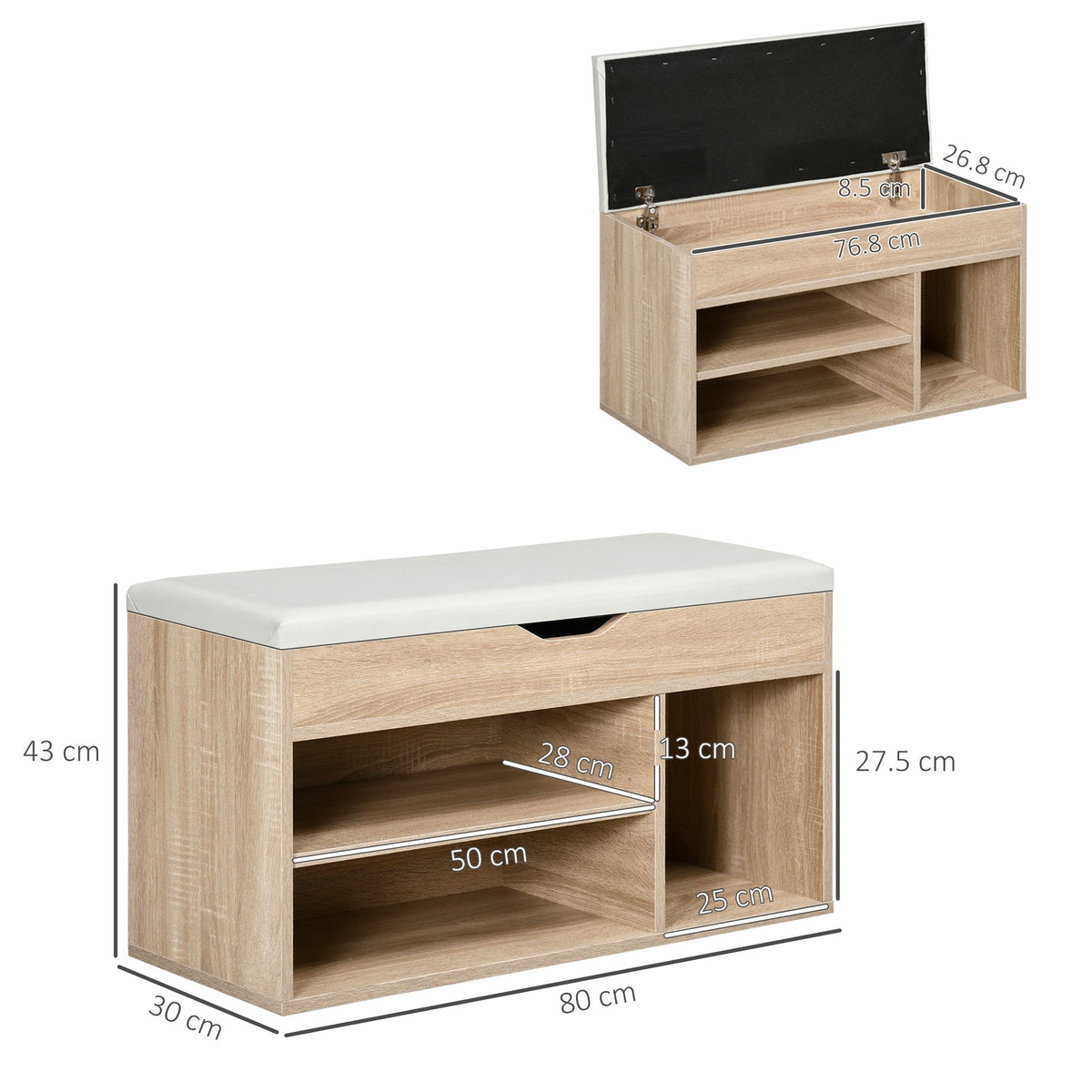 Dimensions of the shoe cabinet bench with storage and padded seat