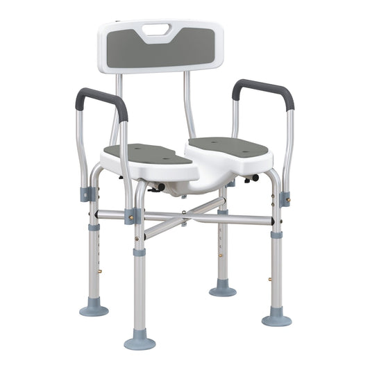 HOMCOM Shower Chair with backrest and padded armrests, featuring a hygiene cut-out seat