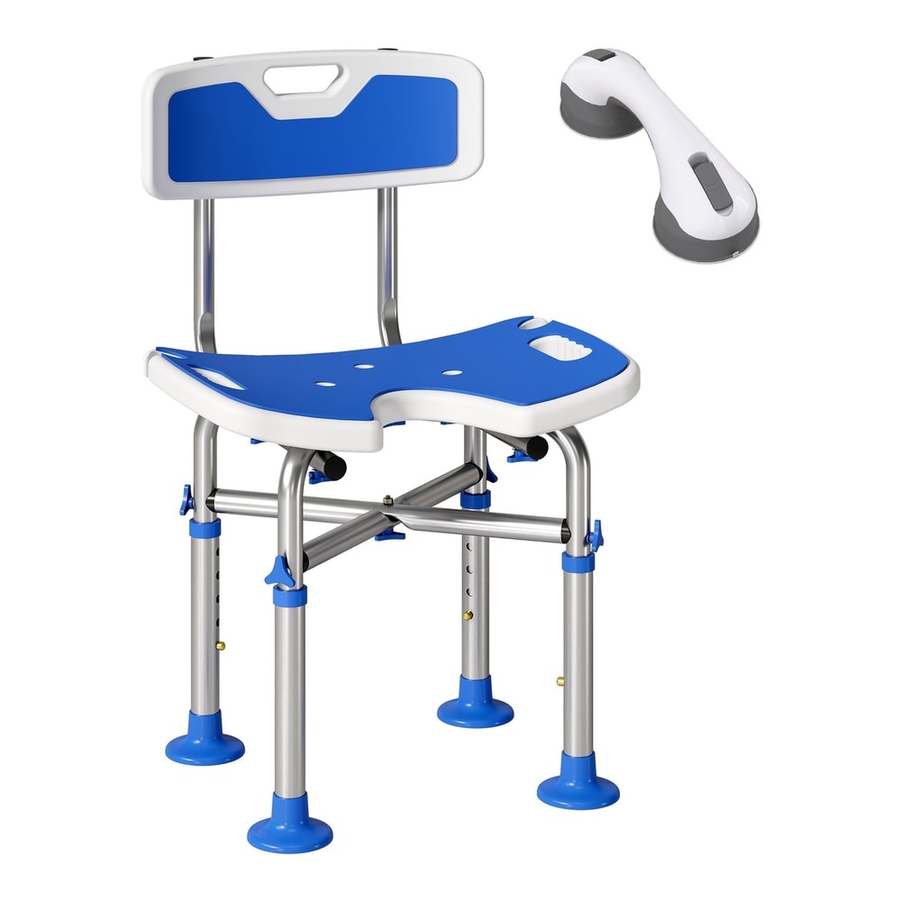 HOMCOM Shower Chair with U-Shaped Cutout, a blue and white adjustable bath bench with a backrest and padded seat