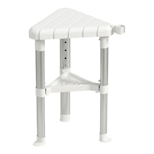 HOMCOM Shower Stool with a triangular white seat and a lower storage shelf on silver legs