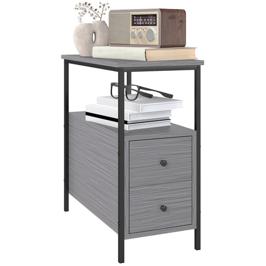 HOMCOM Side Table with two drawers and a top shelf holding a radio and books on a white background