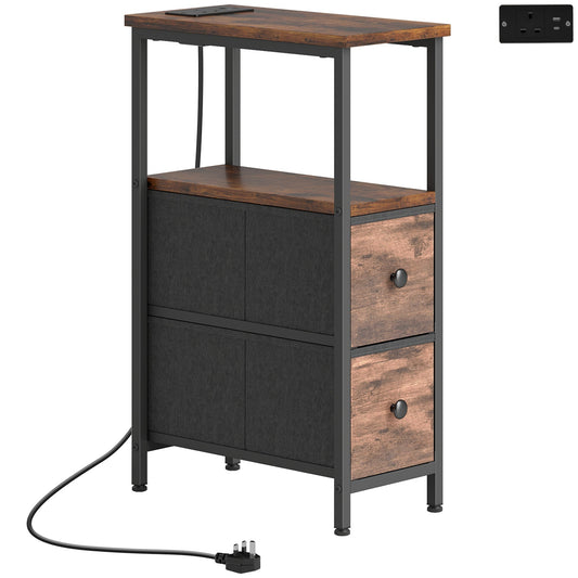 HOMCOM Side Table with a wooden top, two fabric drawers, and a built-in power outlet