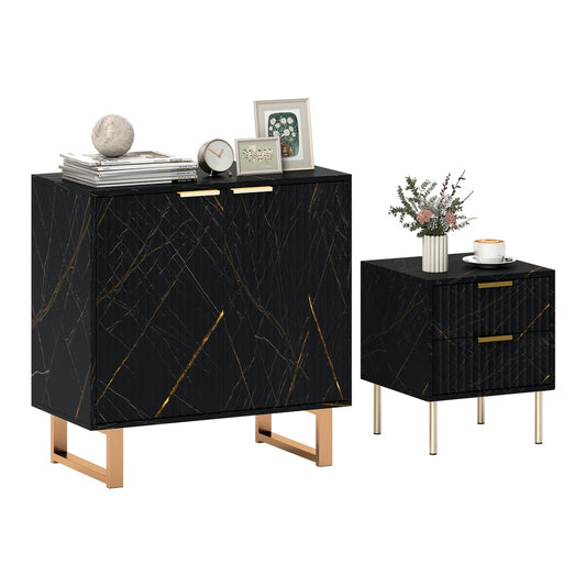 HOMCOM Sideboard and matching two-drawer bedside table with black marble effect and gold legs