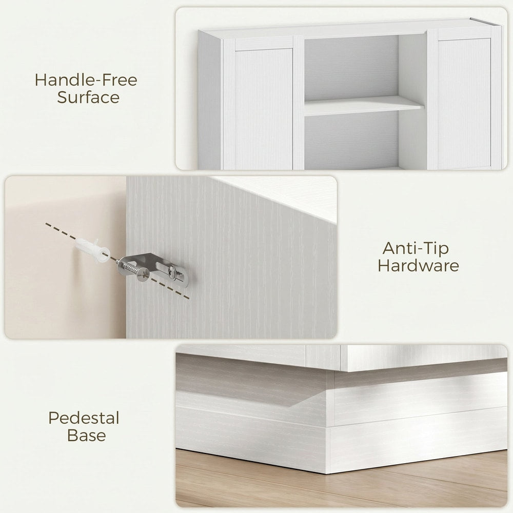 Details of the white storage cabinet, including handle-free surface, anti-tip hardware and pedestal base