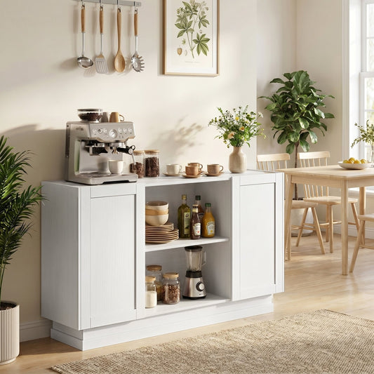 White storage cabinet with two open shelves and two cupboards, styled in a dining room with a coffee machine and dishes
