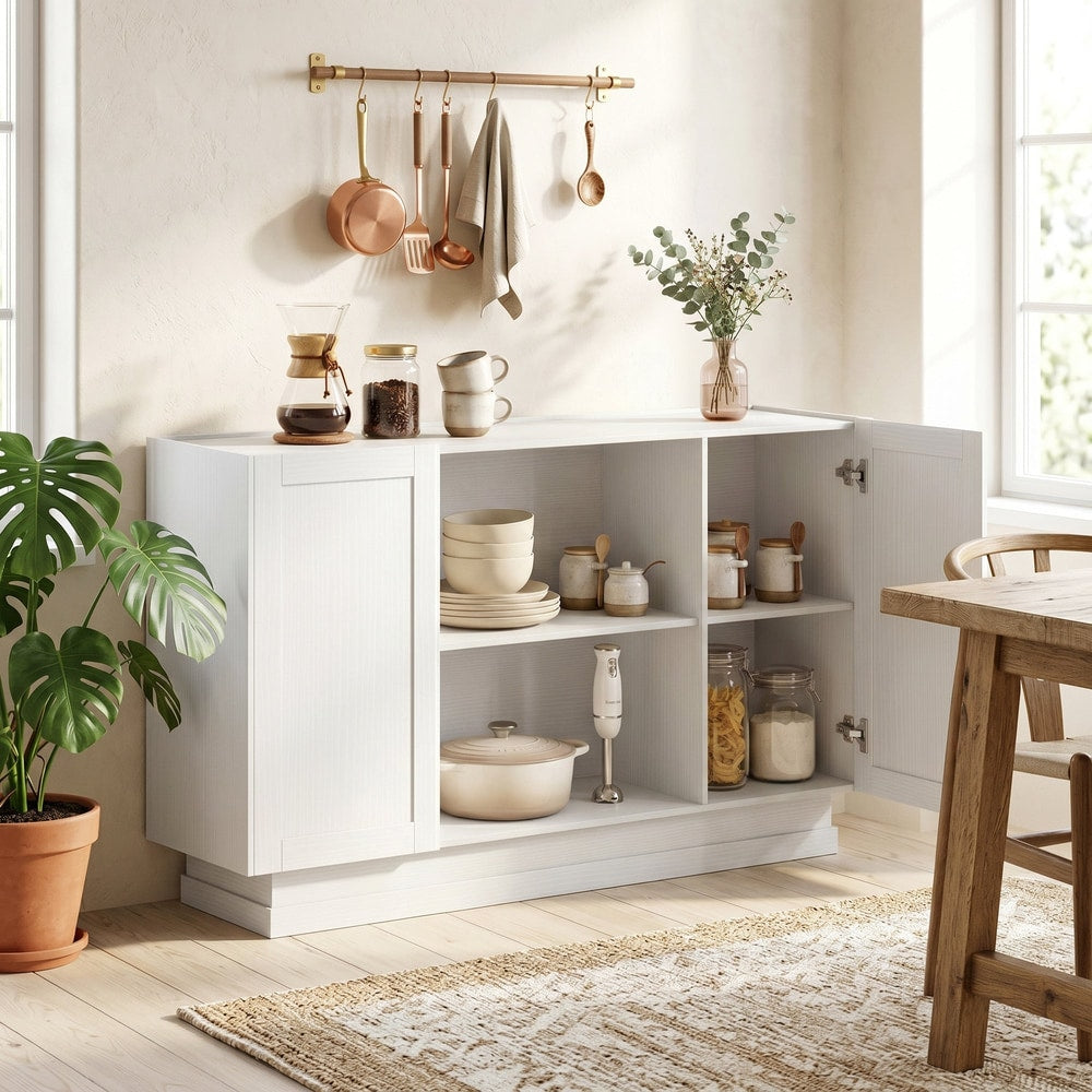 White storage cabinet in a dining room, filled with kitchenware and serving dishes