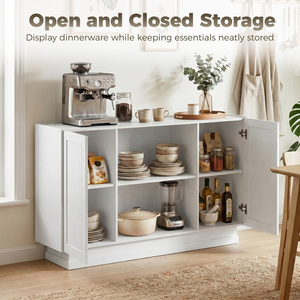 Open storage cabinet showing displayware and essentials neatly stored inside the shelves and cupboards