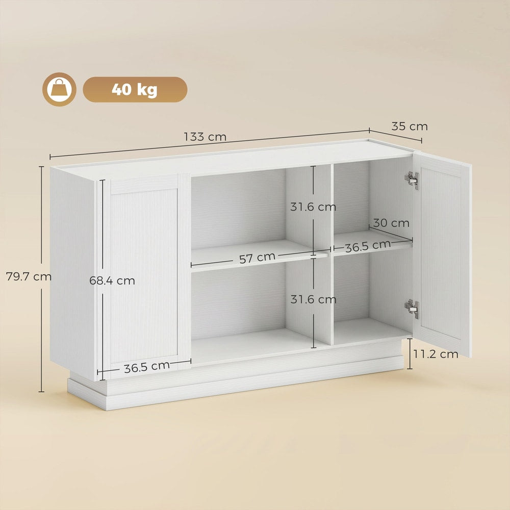Dimensions of the white storage cabinet, showing height, width and depth of shelves and cupboards