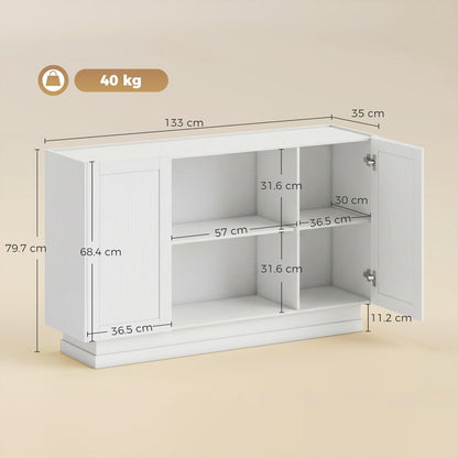 Dimensions of the white storage cabinet, showing height, width and depth of shelves and cupboards