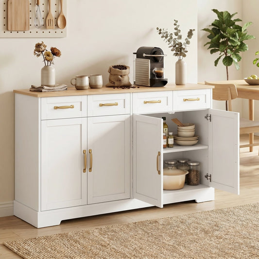 The storage cabinet is shown in a dining room setting with items on top and inside its open doors