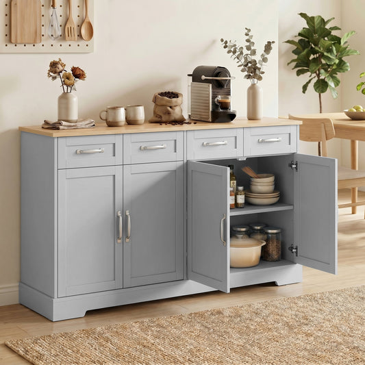 The grey storage cabinet with its doors open showing internal shelves and storage