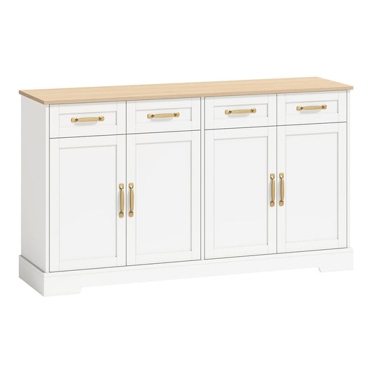 HOMCOM Sideboard Buffet Cabinet with a white body and wooden top, featuring four drawers and four doors