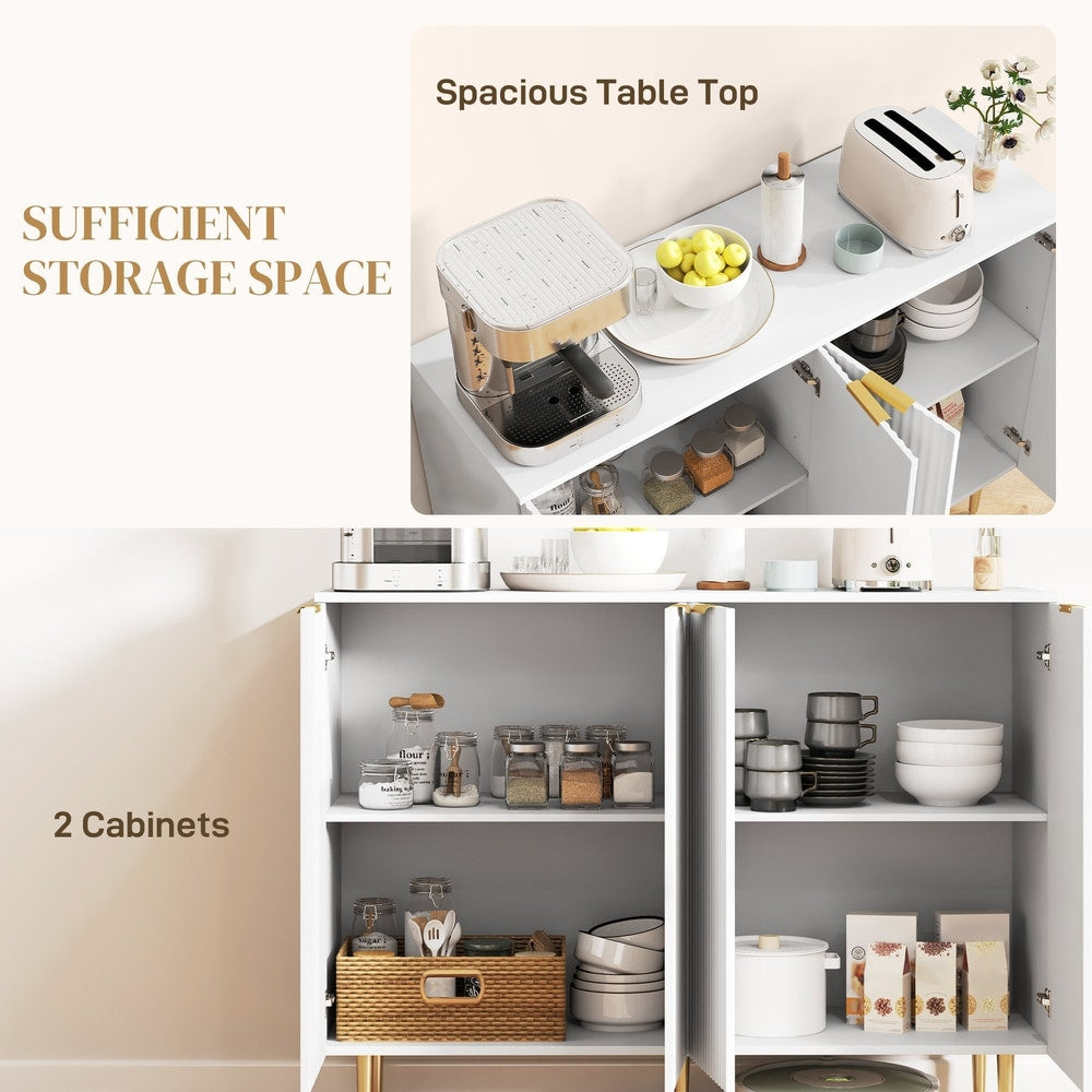 White storage cabinet with four doors open showing spacious table top and two cabinets