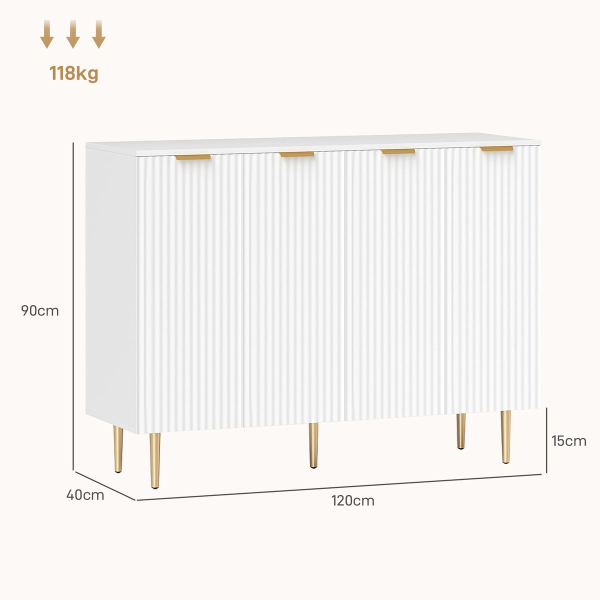 White sideboard cabinet with dimensions shown, including height, width and depth