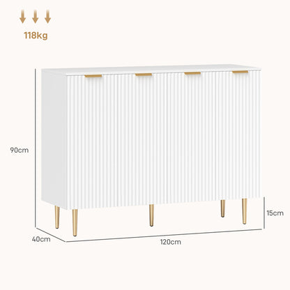 White sideboard cabinet with dimensions shown, including height, width and depth