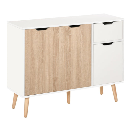 HOMCOM Sideboard Floor Standing Storage Cabinet with two doors and two drawers in natural wood and white finish