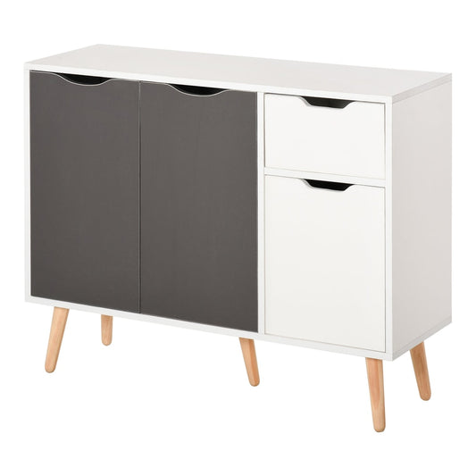 HOMCOM Sideboard Floor Standing Storage Cabinet with drawer and solid wood legs in grey and white