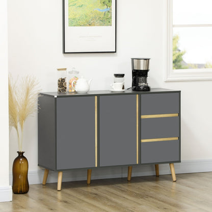 This modern kitchen cupboard is shown in a dining room setting with a coffee maker on top