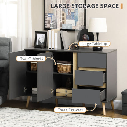 The storage cabinet with its double doors and three drawers open to show internal space