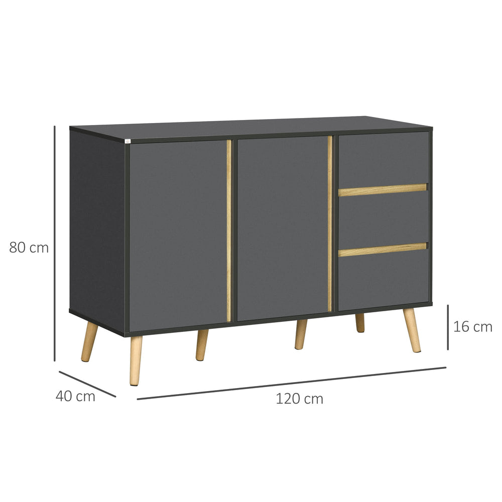Dimensions diagram for the dark grey kitchen cupboard with double doors and three drawers