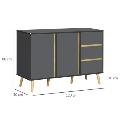 Dimensions diagram for the dark grey kitchen cupboard with double doors and three drawers