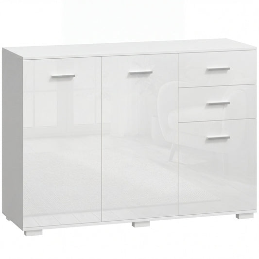 HOMCOM Sideboard, a modern white high gloss storage cabinet with three doors and two drawers