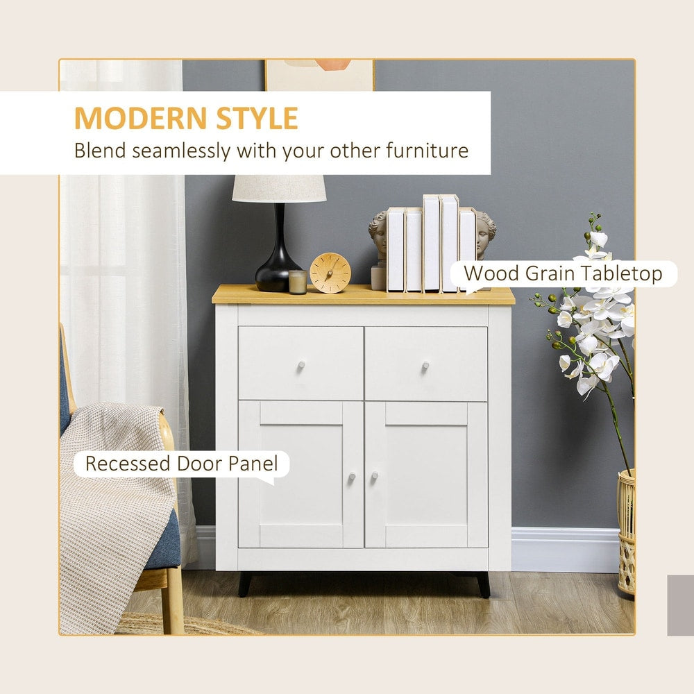 A white sideboard storage cabinet with a wood effect top, styled with books and a lamp