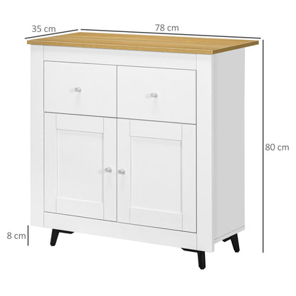 A white storage cabinet with a wood effect top, with dimensions shown for height, width and depth