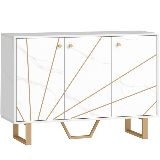 HOMCOM Sideboard Storage Cabinet with white marble tone doors and gold handles