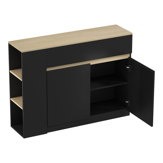 HOMCOM Sideboard, a black storage cabinet with a light wood top and open shelves