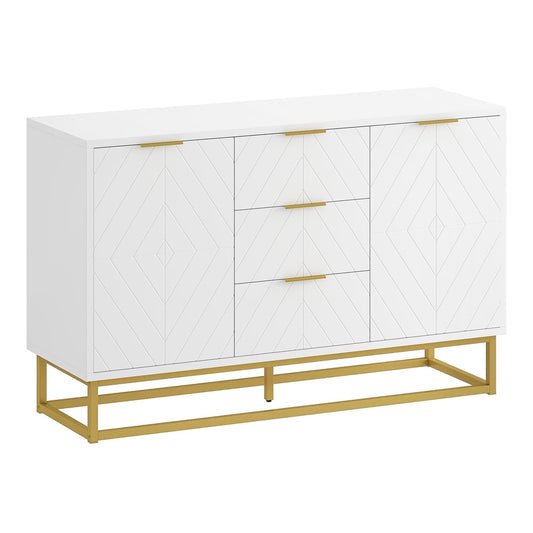 HOMCOM Sideboard with white doors and three central drawers on a gold metal frame