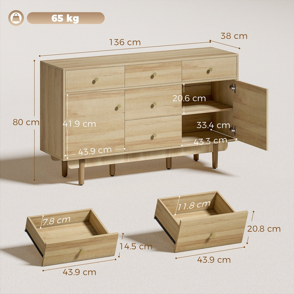 The kitchen furniture showing dimensions with one cabinet door and two drawers pulled out