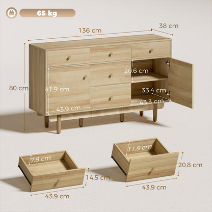 The kitchen furniture showing dimensions with one cabinet door and two drawers pulled out