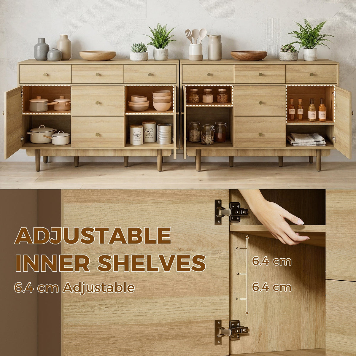 The wooden sideboard with open doors revealing internal shelves and hinge detail
