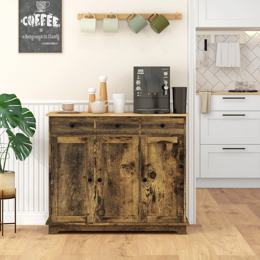 The rustic brown storage cabinet is set up in a kitchen area with a coffee machine and mugs