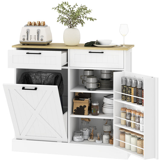 HOMCOM Sideboard with Tilt-out Trash Bin showing open drawers and doors with kitchen items inside
