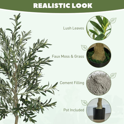 Close up of the artificial olive tree showing lush leaves, faux moss and cement filling in the pot