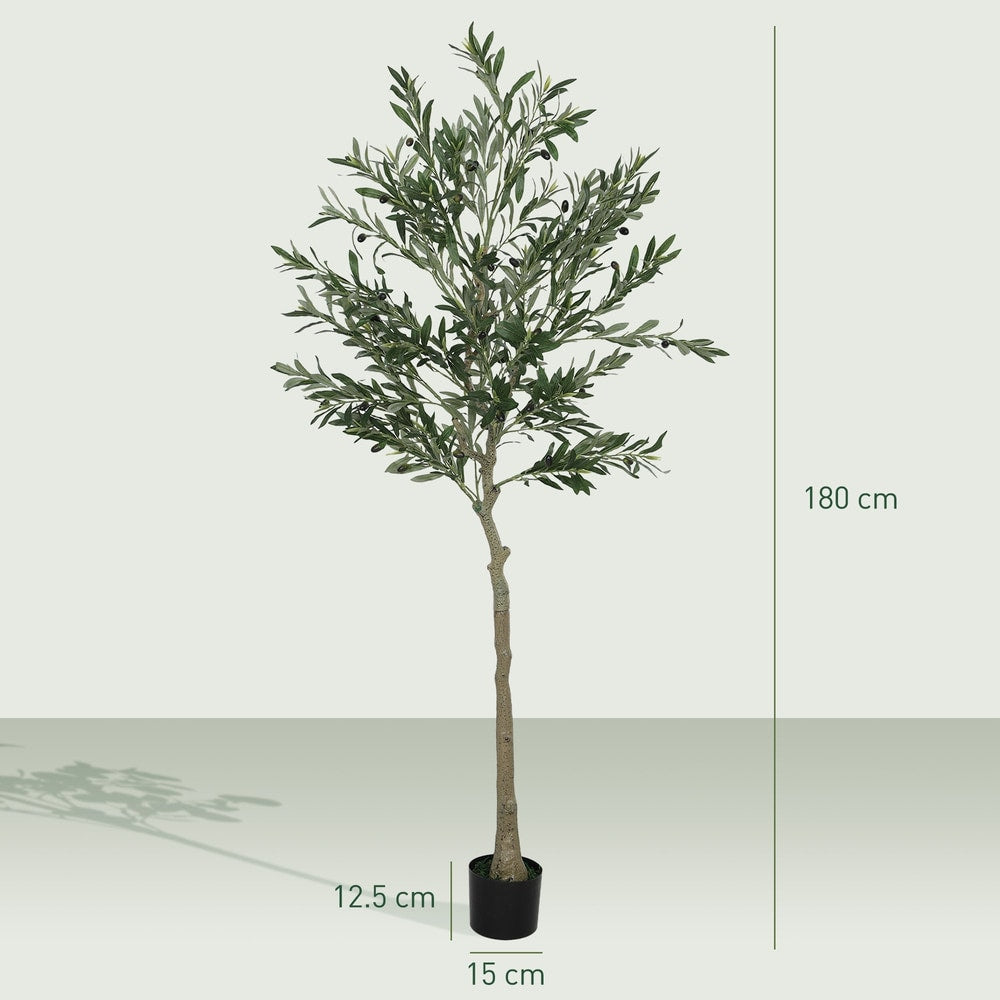 The artificial olive tree with dimensions shown for height and pot size