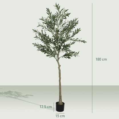 The artificial olive tree with dimensions shown for height and pot size
