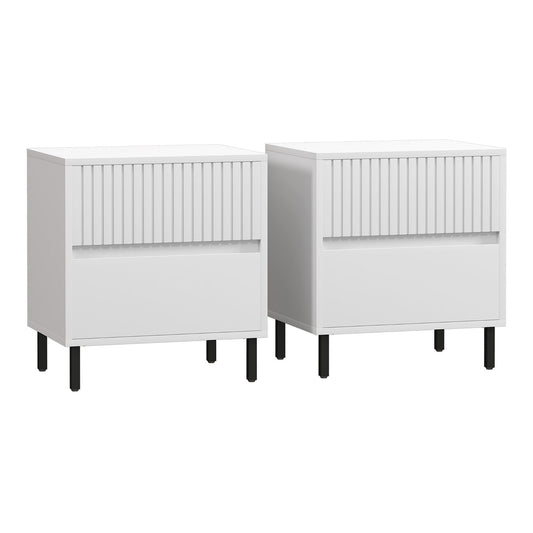 HOMCOM Simple Line Indented Two-Drawer Bedside Table Set shown as a pair against a plain background